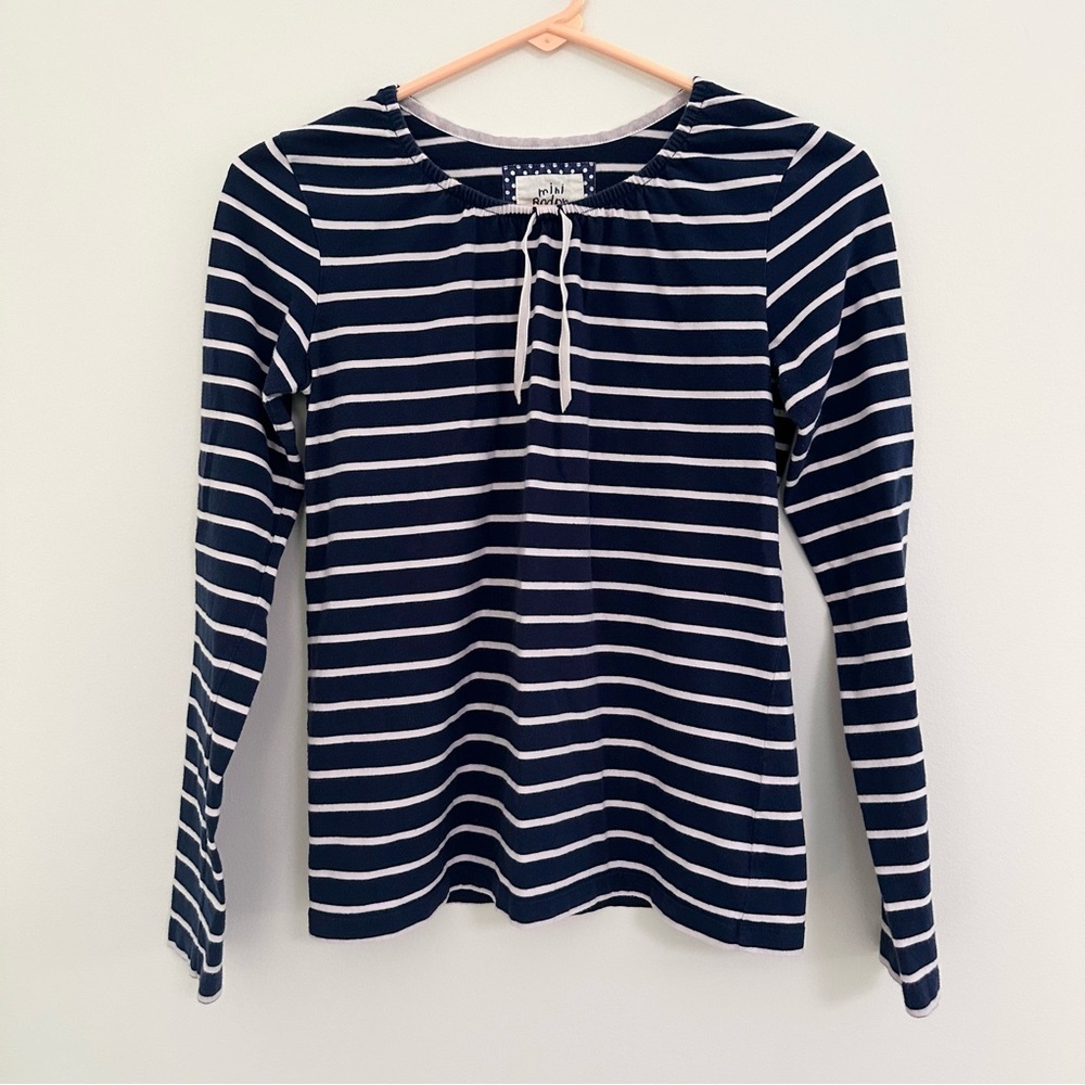 Mini Boden Navy Blue and Cream Tie Front Stripe Blouse Teen Tween size 13-14